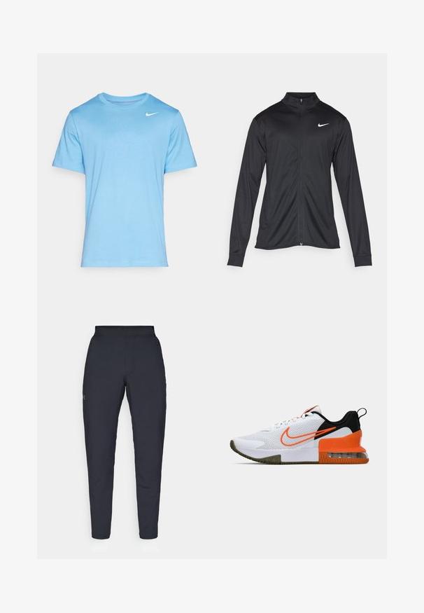 Jachetă sportivă neagră cu mâneci lungi, guler și fermoar complet. Prezintă un logo Nike subtil, alb, pe pieptul din stânga sus. Textură netedă.; Tricou din bumbac de culoare bleu deschis, cu guler rotund și mâneci scurte. Prezintă un mic logo alb în partea superioară stângă a pieptului.; Pantaloni sportivi negri cu o textură fină, croială slim, talie elastică și buzunare laterale. Prezentă un mic logo pe coapsa stângă.; Pantofii sport albi au un superior din plasă texturată, accente negre și portocalii, o talpă din cauciuc groasă și o secțiune de amortizare transparentă la călcâi.
