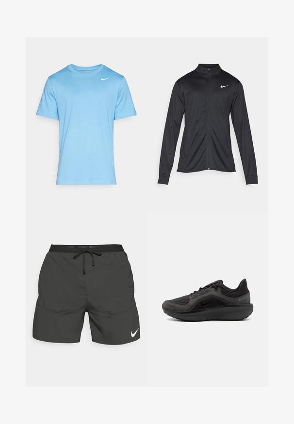Must värvi sportlik jakk pikkade varrukatega, krae ja täispikk tõmblukk. Ülemises vasakus rinnas on diskreetne valge Nike logo. Sile tekstuur.; Kergelt sinine puuvillane T-särk, millel on ümmargune kaelus ja lühikesed varrukad. Särgil on vasakul rinna kohal väike valge logo.; Must mustad jooksuks mustad lühikesed püksid elastse vöökoha, nööriga, küljetaskutega ning valge Nike logo alumisel vasakul jalal.; Must have mustandusega mustad sportlikud jalanõud, millel on tekstuurne tikandiga ülemine osa, nutikas disain ja must kummist tallad. Omab nähtavat logo ning Gore-Tex brändingut.