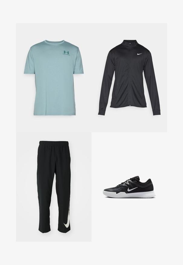 Svart idrettsjakke med lange ermer, krage og full glidelås. Har en subtil Nike-logo i hvitt på øvre venstre bryst. Glatt tekstur.; Under Armour SPORTSTYLE LC SS - T-shirts med print - serpentine/jasper blue; Svarte treningbukser med elastisk midje, smalere design, med en stor hvit Nike-logo på venstre bein. Myk, lett stoff.; Svart treningssko med teksturert overdel, hvit Nike-swoosh og hvit gummisåle. Har snøring og en dynamisk form.