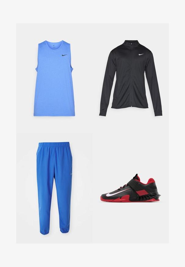Giacca sportiva nera con maniche lunghe, colletto e zip completa. Presenta un logo Nike in bianco sulla parte superiore del lato sinistro del petto. Tessuto morbido.; Maglietta atletica senza maniche blu chiaro realizzata in tessuto liscio. Presenta un collo rotondo e il logo Nike nero nella parte superiore sinistra.; Pantaloni sportivi blu con cintura elastica, design a gamba dritta e polsini affusolati. Presenta il logo Nike in oro sul lato sinistro.; Sneakers atletici neri e rossi caratterizzati da un design elegante, tomaia in mesh testurizzato, suola in gomma resistente e un accento bianco del logo ben visibile.