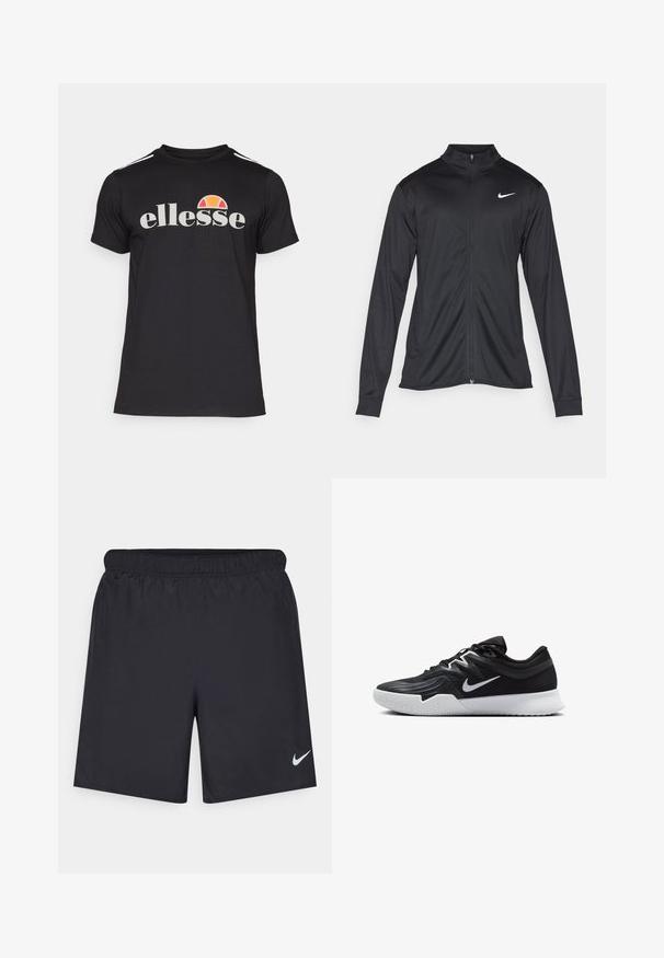 Sort atletisk jakke med lange ærmer, krave og fuld lynlås. Har et diskret Nike-logo i hvidt på den øverste venstre side af brystet. Glat tekstur.; Sort kortærmet t-shirt lavet af bomuld, med et stort hvidt "ellesse" logo og en orange og rød grafik ovenfor logoet.; Sorte atletiske shorts lavet af letvægtsmateriale med en elastisk talje. Har et lille hvidt Nike-logo i nederste venstre hjørne.; Sort atletiksko med en tekstureret overdel, hvid Nike swoosh og en hvid gummisål. Har en snørret design og dynamisk form.