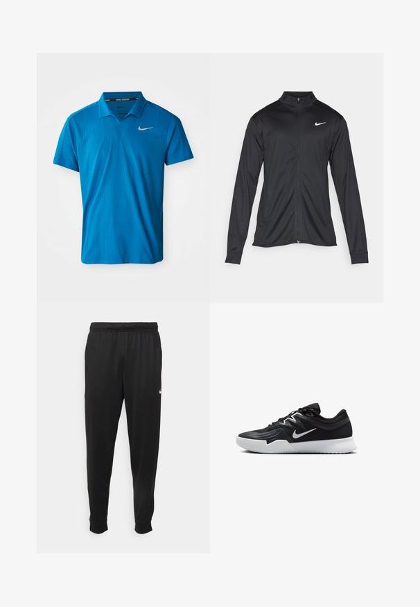 Črna atletska jakna z dolgimi rokavi, ovratnikom in polnim zadrgo. Vključuje diskreten bel Nike logotip na zgornjem levem delu prsnega koša. Gladka tekstura.; Modra NikeCourt polo majica s ovratnikom, kratkimi rokavi in srebrnim logotipom na prsih. Gladka tekstura z diskretnimi linijskimi vzorci.; Črne športne hlače iz gladkega materiala, z elastičnim pasom, zoženimi hlačnicami in majhnim belim logotipom na levi strani.; Črne atletske čevlje z teksturirano zgornjico, belim Nike znakom in belim gumijastim zunanjim podplatom. Imajo vezalni dizajn in dinamično obliko.