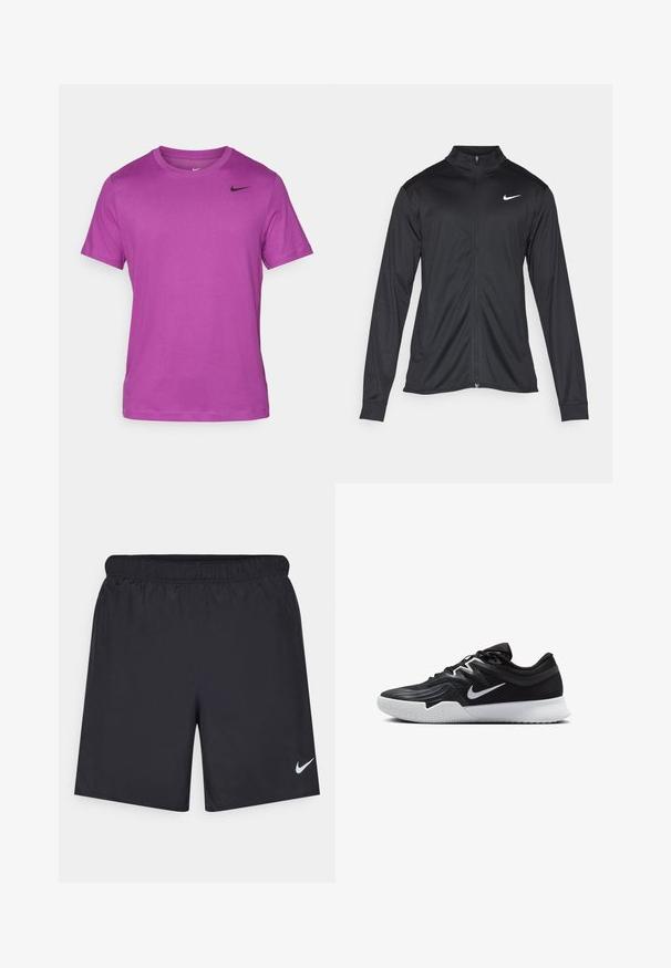 Jacket desportivo preto com mangas longas, colarinho e fecho zip completo. Apresenta um discreto logotipo da Nike em branco na parte superior do lado esquerdo do peito. Textura suave.; T-shirt curto roxo de mangas curtas, feito de tecido macio. Apresenta um decote redondo e um logótipo preto da Nike no lado superior esquerdo.; Calças de desporto pretas feitas de material leve com uma cintura elástica. Apresenta um pequeno logótipo branco da Nike no canto inferior esquerdo.; Sapatilha atlética preta com um cabedal texturizado, swoosh branco da Nike e uma sola de borracha branca. Apresenta um design com atacadores e uma forma dinâmica.