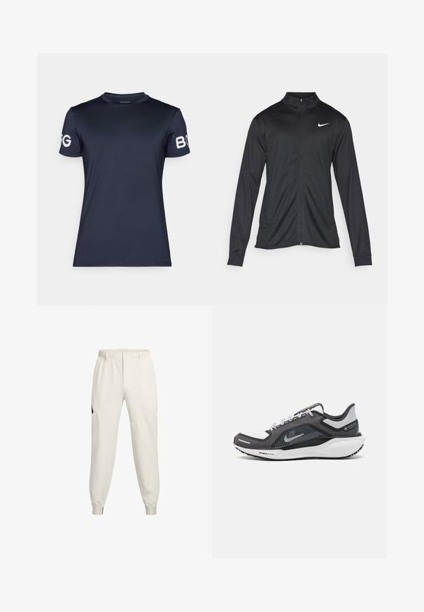 Must värvi sportlik jakk pikkade varrukatega, krae ja täispikk tõmblukk. Ülemises vasakus rinnas on diskreetne valge Nike logo. Sile tekstuur.; Tumed sinine, lühikeste varrukatega spordipeatumise särgid, ümar kaelus; omadused valged logo aksendid mõlemal varrukal ja sile, veniv tekstuur.; Heledesbeez jogger-püksid, veniva vöökoha, küljetaskute ja soonikuga varrukatekestega; funktsioneerivad must logo aktsent vasakul puusal.; Mustern ja hallide värvusega spordijalats, millel on võrgusilmast ülemine osa, peegeldavad aktsendid ja valge vaheosa. Omab tekstuuriga kummist välisosa ja kingapaelu.