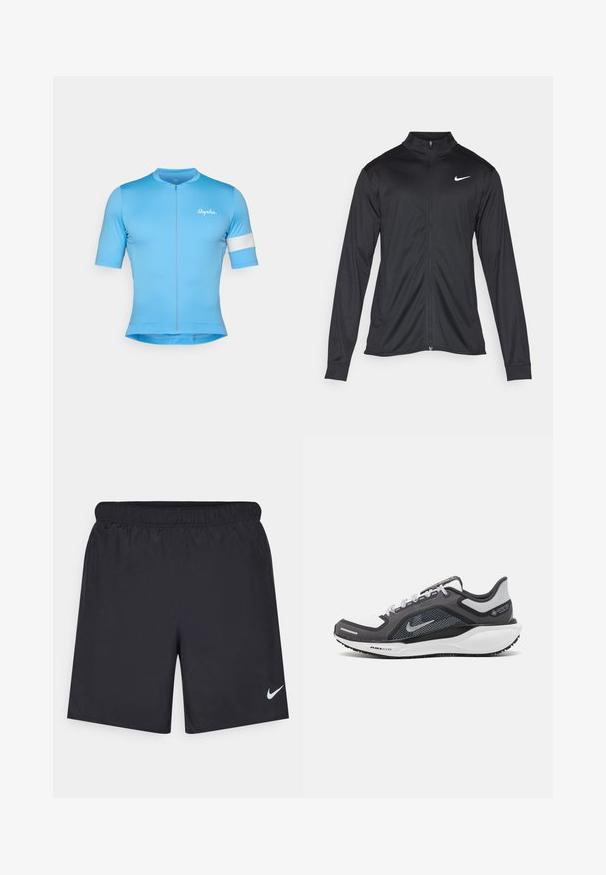 Musta urheilutakki pitkillä hihoilla, kauluksella ja kokonaisella vetoketjulla. Täydentää hienovarainen Nike-logo valkoisena vasemmassa ylärinnassa. Litteä pinta.; Sininen lyhythihainen pyöräilypaita, jossa on etuvetoketju ja joka on valmistettu sileästä, joustavasta kankaasta. Hihassa on valkoinen korostusnauha ja "Rapha"-logo.; Mustat urheilushortsit, jotka on valmistettu kevyestä materiaalista ja joissa on joustava vyötärö. Alareunassa vasemmalla puolella on pieni valkoinen Nike-logo.; Musta ja harmaa urheilukenka, jossa on verkkopäällinen, heijastavat yksityiskohdat ja valkoinen välipohja. Varustettu kuvioidulla kumipohjalla ja nauhoilla.