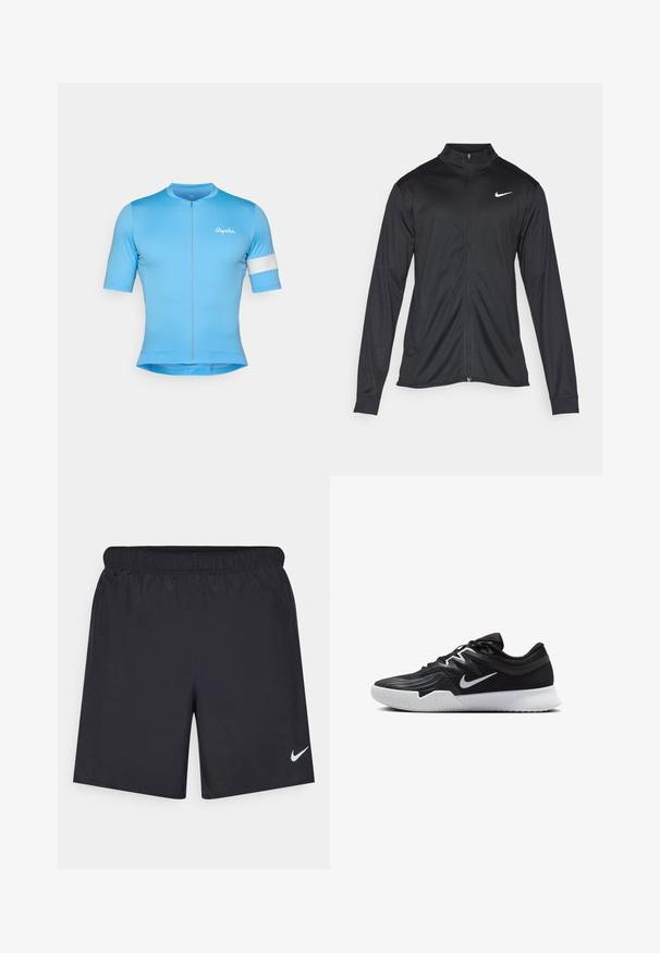 Μαύρο αθλητικό μπουφάν με μακριά μανίκια, γιακά και πλήρη φερμουάρ. Διαθέτει ένα διακριτικό λευκό λογότυπο της Nike στη πάνω αριστερή πλευρά του στήθους. Λείος υφασμάτινος χαρακτήρας.; Μπλε κοντομάνικη μπλούζα ποδηλασίας με φερμουάρ μπροστά, φτιαγμένη από λείο, ελαστικό ύφασμα. Διαθέτει μια λευκή ταινία στο μανίκι και το λογότυπο "Rapha".; Μαύρες αθλητικές βερμούδες από ελαφρύ υλικό με ελαστική μέση. Διαθέτουν ένα μικρό λευκό λογότυπο Nike στην κάτω αριστερή πλευρά.; Μαύρο αθλητικό παπούτσι με υφή στο επάνω μέρος, λευκό σήμα Nike και λευκή καουτσούκ σόλα. Διαθέτει σχέδιο με κορδόνια και δυναμικό σχήμα.