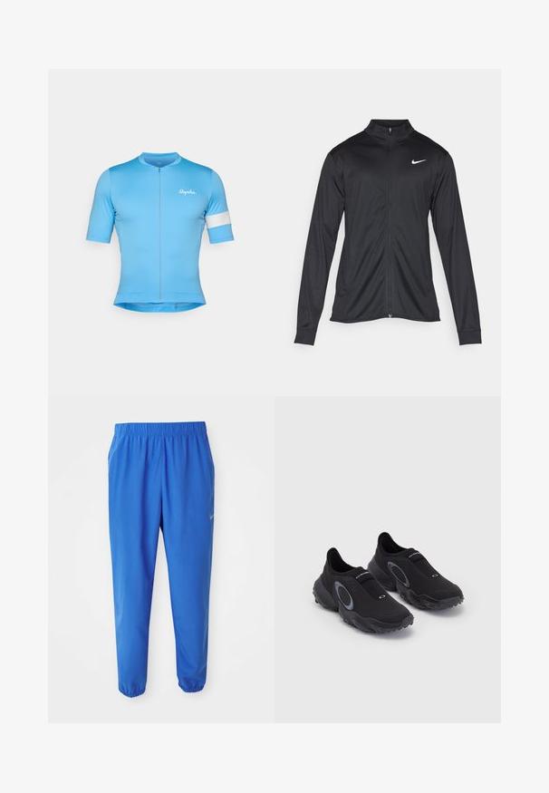 Chaqueta atlética negra con mangas largas, collar y cremallera completa. Presenta un sutil logo de Nike en blanco en la parte superior izquierda del pecho. Textura suave.; Jersey de ciclismo azul de manga corta con cremallera frontal, hecho de una tela suave y elástica. Presenta una banda de acento blanca en la manga y el logo "Rapha".; Pantalones deportivos azules con cintura elástica, diseño de pierna recta y puños ceñidos. Presenta el logo de Nike en dorado en el lado izquierdo.; Zapatillas negras sin cordones con parte superior texturizada y suela de goma. Presentan un acento circular gris y una banda elástica en el empeine para un mejor ajuste.