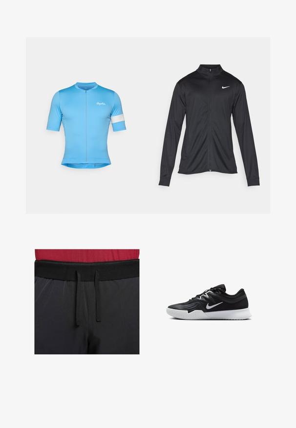 Črna atletska jakna z dolgimi rokavi, ovratnikom in polnim zadrgo. Vključuje diskreten bel Nike logotip na zgornjem levem delu prsnega koša. Gladka tekstura.; Modra kratka kolesarska majica z dolgimi rokavi in sprednjim zadrgo, narejena iz gladkega, raztegljivega materiala. Ima bel poudarjeni trak na rokavu in logotip "Rapha".; Črne športne hlače imajo širok pas s zunanjim vrvico. Tkanina je gladka, z rahlim sijajem in brez vidnih vzorcev.; Črne atletske čevlje z teksturirano zgornjico, belim Nike znakom in belim gumijastim zunanjim podplatom. Imajo vezalni dizajn in dinamično obliko.