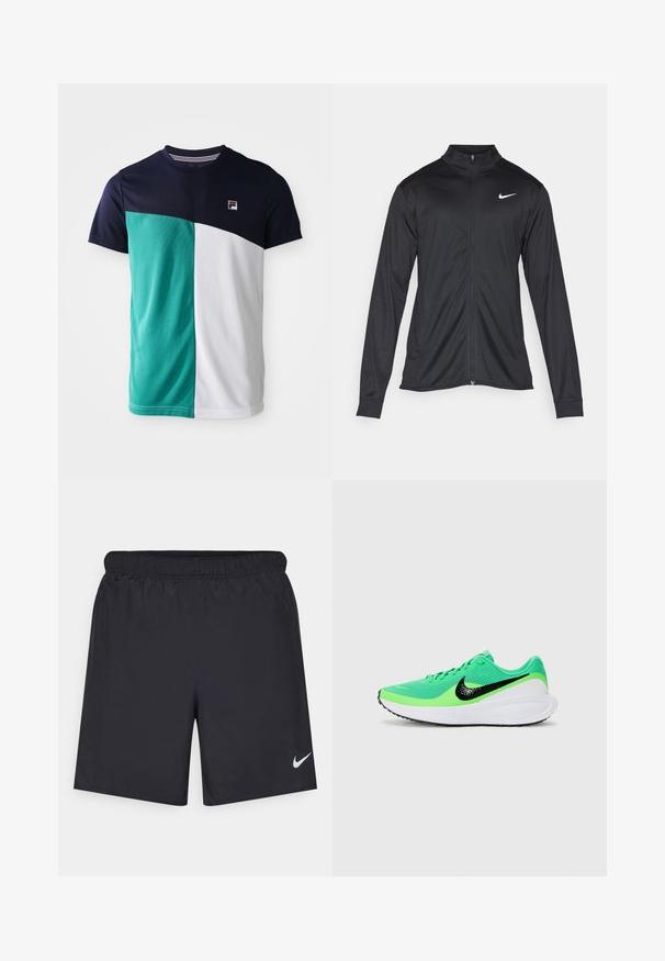 Jacket desportivo preto com mangas longas, colarinho e fecho zip completo. Apresenta um discreto logotipo da Nike em branco na parte superior do lado esquerdo do peito. Textura suave.; Camisa de homem de manga curta com parte superior em navy, painel esquerdo em teal, painel direito em branco e pequeno logótipo no lado esquerdo do peito.; Calças de desporto pretas feitas de material leve com uma cintura elástica. Apresenta um pequeno logótipo branco da Nike no canto inferior esquerdo.; Sapatilha desportiva verde com parte superior em malha, apresentando o logo da Nike em preto, entressola branca e sola de borracha texturizada.