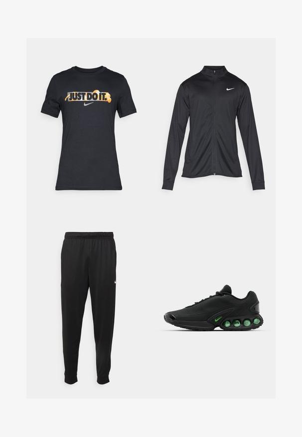 Must värvi sportlik jakk pikkade varrukatega, krae ja täispikk tõmblukk. Ülemises vasakus rinnas on diskreetne valge Nike logo. Sile tekstuur.; Must musta T-särk musta värviga, millel on oranž ja valge tekst "JUST DO IT.". Sisaldab halli Nike logo. Lühikesed varrukad, ümara kaelusega.; Mustad mustekad athletic-püksid sujuvast kangast, elastse vöökoha, kitsenevate jalgade ja väikese valge logoga vasakul küljel.; Nike Sportswear AIR MAX DN - Tossud - black/green strike/anthracite