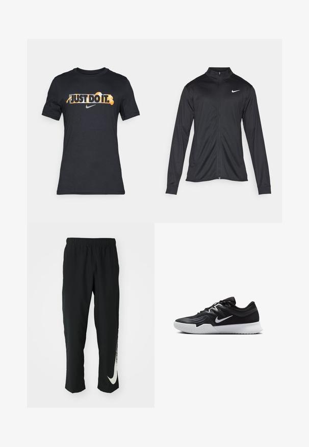 Jachetă sportivă neagră cu mâneci lungi, guler și fermoar complet. Prezintă un logo Nike subtil, alb, pe pieptul din stânga sus. Textură netedă.; Tricou negru din bumbac cu textul "DOAR FĂ O AGENDA." în portocaliu și alb. Include logo-ul Nike în gri. Mâneci scurte, decolteu rotund.; Pantaloni sport negri cu talie elastică, design conic, având un mare logo alb Nike pe piciorul stâng. Material moale, ușor.; Pantof sport negru cu un superior texturat, swoosh alb Nike și o tălpică din cauciuc alb. Dispune de un design cu șireturi și o formă dinamică.