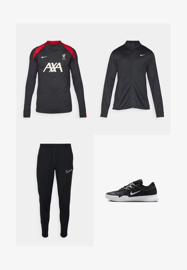 Sort atletisk jakke med lange ærmer, krave og fuld lynlås. Har et diskret Nike-logo i hvidt på den øverste venstre side af brystet. Glat tekstur.; Nike Performance LIVERPOOL FC NIKE DF STRIKE DRILL TOP K - Klub merchandise - black/gym red/light orewood burn; Sorte athletiske joggers med elastisk talje, slim fit og hvidt Nike-logo på venstre side. Blødt stof med en glat tekstur.; Sort atletiksko med en tekstureret overdel, hvid Nike swoosh og en hvid gummisål. Har en snørret design og dynamisk form.