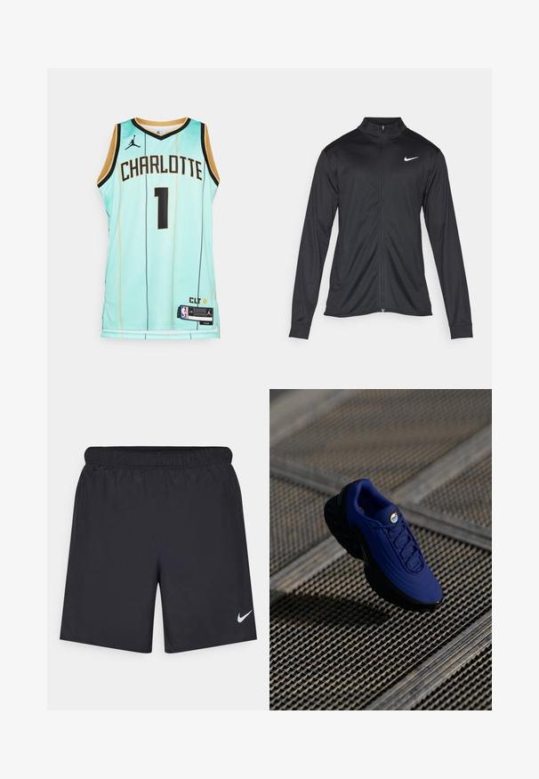 Fekete sportdzseki hosszú ujjal, gallérral és teljes cipzárral. Diszkrét fehér Nike logóval az upper bal mellen. Sima textúra.; Nike Performance NBA CITY EDITION CHARLOTTE HORNETS LAMELO BALL - Klubruházat - mint; Fekete sportnadrág könnyű anyagból, rugalmas derékkal. A bal alsó oldalon egy kis fehér Nike-logó található.; Kék sportcipő, texturált felsőrésszel, fekete talppal és fűzőkkel. Az „air” márkázás a nyelvén található, és látható légpárnás elemekkel rendelkezik.