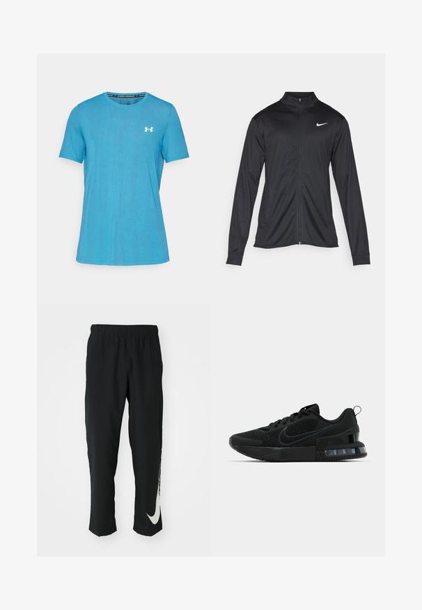 Jacket desportivo preto com mangas longas, colarinho e fecho zip completo. Apresenta um discreto logotipo da Nike em branco na parte superior do lado esquerdo do peito. Textura suave.; T-shirt azul de manga curta feito de um tecido texturizado. Apresenta um decote redondo e um logótipo branco da Under Armour no peito.; Calças atléticas pretas com cintura elástica, design afunilado, apresentando um grande logótipo branco da Nike na perna esquerda. Tecido macio e leve.; Tênis esportivo Nike preto com parte superior em malha, sola de borracha, colarinho acolchoado e um distinto detalhe transparente no calcanhar.