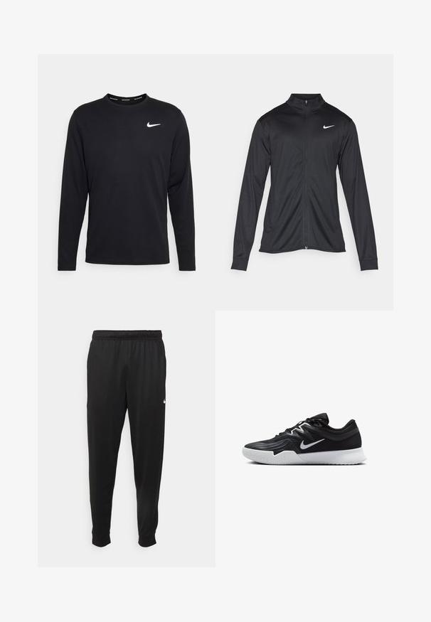 Chaqueta atlética negra con mangas largas, collar y cremallera completa. Presenta un sutil logo de Nike en blanco en la parte superior izquierda del pecho. Textura suave.; Camiseta negra de manga larga de Nike, hecha de una tela suave, con un logo blanco de Nike en el lado izquierdo del pecho y un cuello redondo.; Pantalones deportivos negros de tejido suave, con cintura elástica, perneras ajustadas y un pequeño logotipo blanco en el lado izquierdo.; Zapatilla deportiva negra con parte superior texturizada, logo de Nike en blanco y suela de goma blanca. Tiene un diseño con cordones y una forma dinámica.
