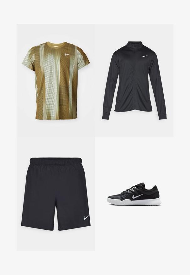 Μαύρο αθλητικό μπουφάν με μακριά μανίκια, γιακά και πλήρη φερμουάρ. Διαθέτει ένα διακριτικό λευκό λογότυπο της Nike στη πάνω αριστερή πλευρά του στήθους. Λείος υφασμάτινος χαρακτήρας.; T-shirt Nike με κοντά μανίκια σε αποχρώσεις καφέ και κρέμα με κάθετες ρίγες και σχέδιο πλέγματος. Διαθέτει στρογγυλή λαιμόκοψη και διακριτό λογότυπο.; Μαύρες αθλητικές βερμούδες από ελαφρύ υλικό με ελαστική μέση. Διαθέτουν ένα μικρό λευκό λογότυπο Nike στην κάτω αριστερή πλευρά.; Μαύρο αθλητικό παπούτσι με υφή στο επάνω μέρος, λευκό σήμα Nike και λευκή καουτσούκ σόλα. Διαθέτει σχέδιο με κορδόνια και δυναμικό σχήμα.