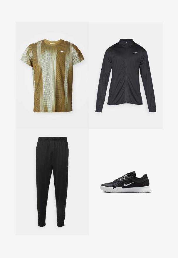 Must värvi sportlik jakk pikkade varrukatega, krae ja täispikk tõmblukk. Ülemises vasakus rinnas on diskreetne valge Nike logo. Sile tekstuur.; Lühikeste varrukatega Nike T-särk pruunide ja kreemjate toonide ning vertikaalsete triipude ja ruuduliste mustritega. Omab ümmargust kaelust ja peent logo.; Mustad mustekad athletic-püksid sujuvast kangast, elastse vöökoha, kitsenevate jalgade ja väikese valge logoga vasakul küljel.; Must mustad jalanikesad rikaste ülaservaga, valge Nike swoosh'i ja valge kummist välispõhjaga. Omab paeltega sulgemisdetaili ja dünaamilist kuju.