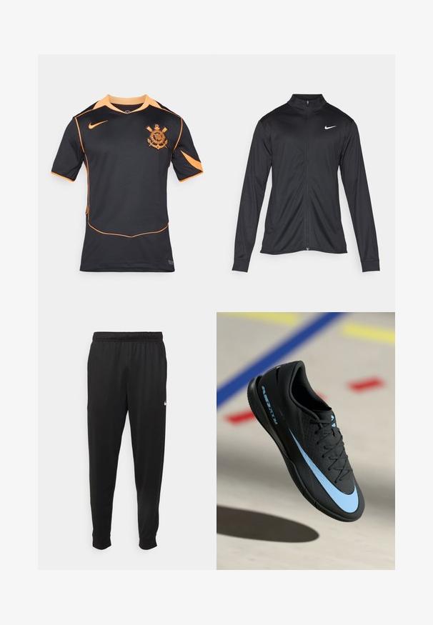 Jachetă sportivă neagră cu mâneci lungi, guler și fermoar complet. Prezintă un logo Nike subtil, alb, pe pieptul din stânga sus. Textură netedă.; Cămașă sport neagră cu mâneci scurte, având accente portocalii și un logo pe pieptul stâng. Fabricată dintr-un material respirabil.; Pantaloni sportivi negri dintr-o țesătură netedă, cu un elastic la brâu, picioare conice și un mic logo alb pe partea stângă.; Pantof de sport negru cu accente albastre, suprafață texturată, design cu șireturi și logo-ul distinctiv Nike. Talpă din cauciuc cu modele de aderență.
