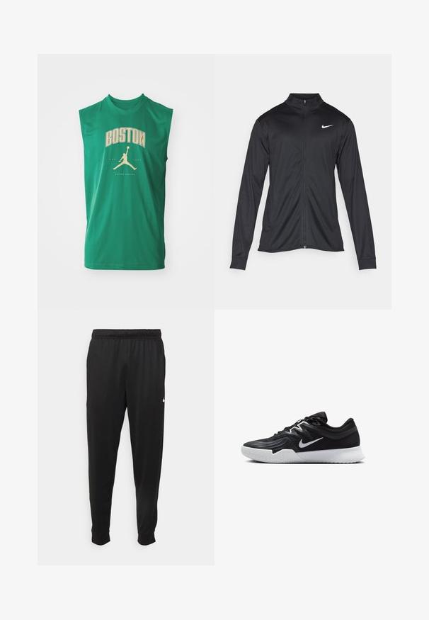 Jacket desportivo preto com mangas longas, colarinho e fecho zip completo. Apresenta um discreto logotipo da Nike em branco na parte superior do lado esquerdo do peito. Textura suave.; Camisola atlética verde sem mangas com "BOSTON" em dourado e logo de silhueta de basquetebol. Tecido suave com um corte descontraído.; Calças de desporto pretas feitas de tecido suave, com uma cintura elástica, pernas ajustadas e um pequeno logo branco no lado esquerdo.; Sapatilha atlética preta com um cabedal texturizado, swoosh branco da Nike e uma sola de borracha branca. Apresenta um design com atacadores e uma forma dinâmica.