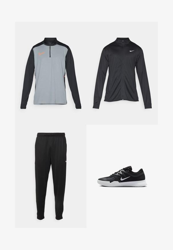 Fekete sportdzseki hosszú ujjal, gallérral és teljes cipzárral. Diszkrét fehér Nike logóval az upper bal mellen. Sima textúra.; Nike hosszú ujjú edző felső világosszürke és fekete színben, negyed cipzárral, kontrasztos oldalsávokkal és narancssárga logóval a mellrészen.; Fekete sportos nadrág sima anyagból, rugalmas derékkal, szűkülő lábakkal és egy kis fehér logóval a bal oldalon.; Fekete sportcipő texturált felsőrésszel, fehér Nike logóval és fehér gumitalppal. Fűzős kialakítással és dinamikus formával rendelkezik.
