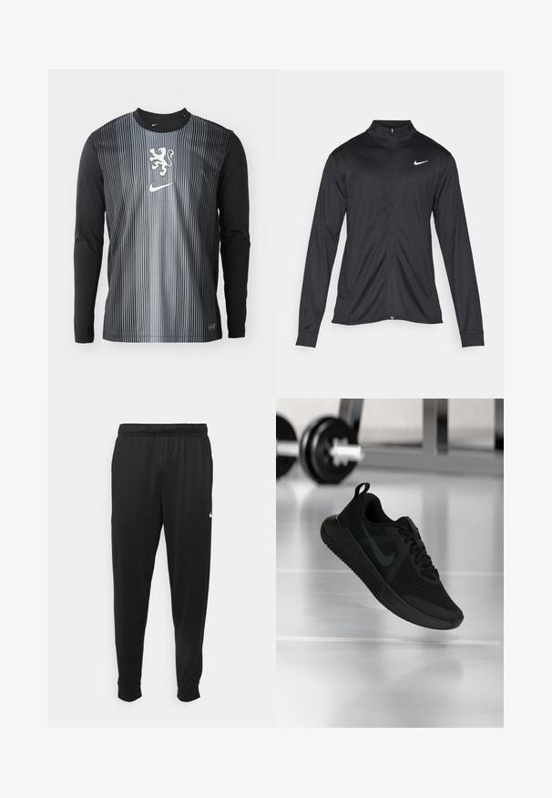 Must värvi sportlik jakk pikkade varrukatega, krae ja täispikk tõmblukk. Ülemises vasakus rinnas on diskreetne valge Nike logo. Sile tekstuur.; Pikkade varrukatega sportlik särk mustas ja hallis, millel on vertikaalsed triibud, logo keskel ja ümmargune kaelus.; Mustad mustekad athletic-püksid sujuvast kangast, elastse vöökoha, kitsenevate jalgade ja väikese valge logoga vasakul küljel.; Must sportlik jalanõu tekstuurse võrkmaterjalist pealse, kummist tallaga ja märgatava tumeda Swoosh-logo. Omab polsterdatud kaelust ja paeladega kinnitust.