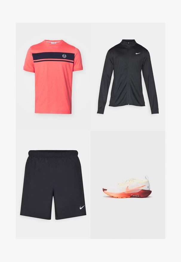 Must värvi sportlik jakk pikkade varrukatega, krae ja täispikk tõmblukk. Ülemises vasakus rinnas on diskreetne valge Nike logo. Sile tekstuur.; Korallist lühikeste varrukatega t-särk, mis on valmistatud puuvillast, ning sellel on rinnal sinine horisontaalne riba ja ümmargune kaelus, millel on logodetail.; Mustad mustikud lühikesed püksid, mis on valmistatud kergest materjalist ja millel on elastne vöökoht. Alumisel vasakul küljel on väike valge Nike logo.; Nike Performance REACTX PEGASUS 5 GTX - Metsajooksu tossud - sail/hyper crimson/glacier blue/dark team red/silt red