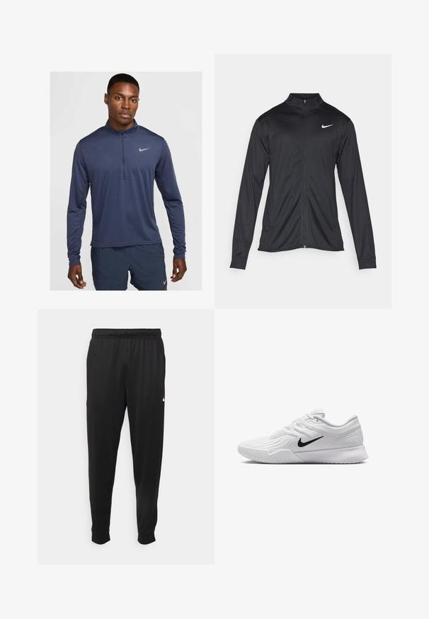 Schwarze Sportjacke mit langen Ärmeln, Kragen und voller Reißverschluss. Verfügt über ein dezentes Nike-Logo in Weiß auf der oberen linken Brust. Glatte Textur.; Marineblaues Longsleeve-Athletic-Top mit Viertelreißverschluss aus feuchtigkeitsableitendem Material; verfügt über ein dezentes Nike-Logo auf der Brust; glatte Textur.; Schwarze Sporthosen aus glattem Stoff, mit einem elastischen Bund, schmal zulaufenden Beinen und einem kleinen weißen Logo auf der linken Seite.; Weißer Sportschuh mit strukturiertem Mesh-Obermaterial, schwarzem Nike-Swoosh, gepolstertem Kragen und Gummisohle mit einem Profilmuster.