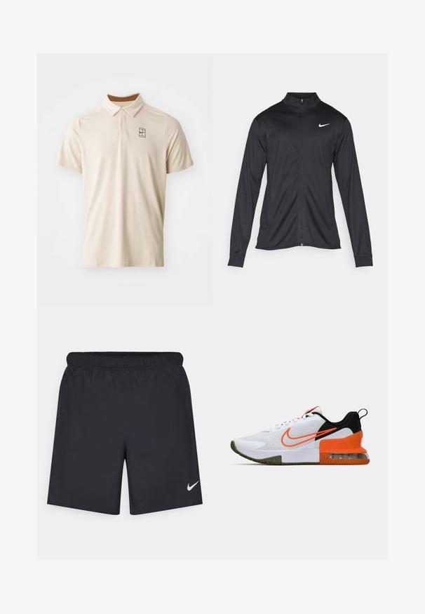 Jacket desportivo preto com mangas longas, colarinho e fecho zip completo. Apresenta um discreto logotipo da Nike em branco na parte superior do lado esquerdo do peito. Textura suave.; Polo de manga curta bege com colarinho de três botões e logótipo na frente. Feito de um tecido liso e texturado.; Calças de desporto pretas feitas de material leve com uma cintura elástica. Apresenta um pequeno logótipo branco da Nike no canto inferior esquerdo.; Shoe desportivo branco com um upper de malha texturizada, detalhes em preto e laranja, uma sola de borracha grossa e uma seção de amortecimento de ar transparente no calcanhar.
