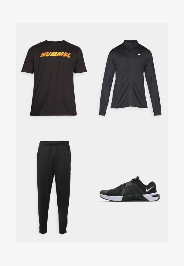 Jacket desportivo preto com mangas longas, colarinho e fecho zip completo. Apresenta um discreto logotipo da Nike em branco na parte superior do lado esquerdo do peito. Textura suave.; T-shirt preta de manga curta feita de algodão. Apresenta um logo "HUMMEL" em amarelo e laranja atravessando o peito numa fonte arrojada e diagonal.; Calças de desporto pretas feitas de tecido suave, com uma cintura elástica, pernas ajustadas e um pequeno logo branco no lado esquerdo.; Nike Performance METCON 10 - Sapatilha de treino - black/white/anthracite