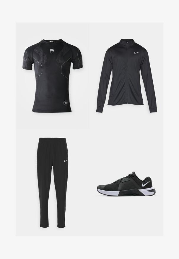 Giacca sportiva nera con maniche lunghe, colletto e zip completa. Presenta un logo Nike in bianco sulla parte superiore del lato sinistro del petto. Tessuto morbido.; Maglietta sportiva nera a maniche corte con pannelli testurizzati, sottili linee curve bianche, un logo a forma di dente sul petto e un distintivo di performance rotondo vicino all'orlo.; Pantaloni sportivi neri realizzati in tessuto leggero, con vita elasticizzata e logo Nike bianco sulla coscia sinistra.; Nike Performance METCON 10 - Scarpe da allenamento - black/white/anthracite