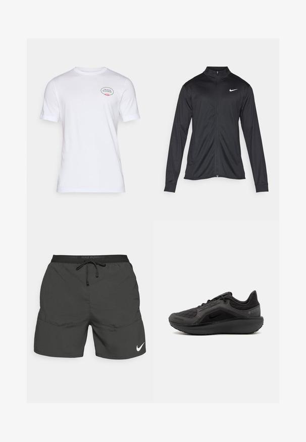 Black athletic jacket with long sleeves, collar, and full zipper. Features a subtle Nike logo in white on the upper left chest. Smooth texture.; White cotton t-shirt featuring short sleeves, a crew neckline, and a logo with floral accents on the left chest area.; Black running shorts with an elastic waistband, drawstring, side pockets, and a white Nike logo on the lower left leg.; Black athletic shoe with a textured quilted upper, sleek design, and black rubber sole. Features a visible logo and Gore-Tex branding.