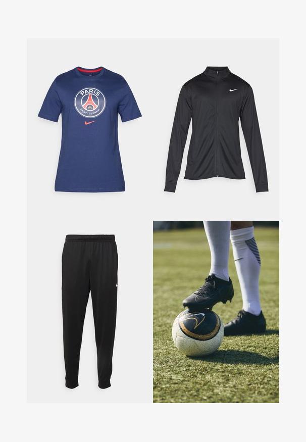 Musta urheilutakki pitkillä hihoilla, kauluksella ja kokonaisella vetoketjulla. Täydentää hienovarainen Nike-logo valkoisena vasemmassa ylärinnassa. Litteä pinta.; Navy sininen puuvillapaita, jossa on pyöreä logo, jossa on teksti "PARIS", Paris Saint-Germain -embleemi ja punaiset yksityiskohdat, sekä pyöreä kaula-aukko.; Mustat urheiluhousut, jotka on valmistettu sileästä kankaasta. Niissä on joustava vyötärö, kapenevat lahkeet ja pieni valkoinen logo vasemmalla puolella.; Mustat jalkapallokengät valkoisella ja mustalla kuviollisella jalkapallolla, joka lepää vihreällä nurmella. Kengissä on teksturoitu pinta ja nauhat.