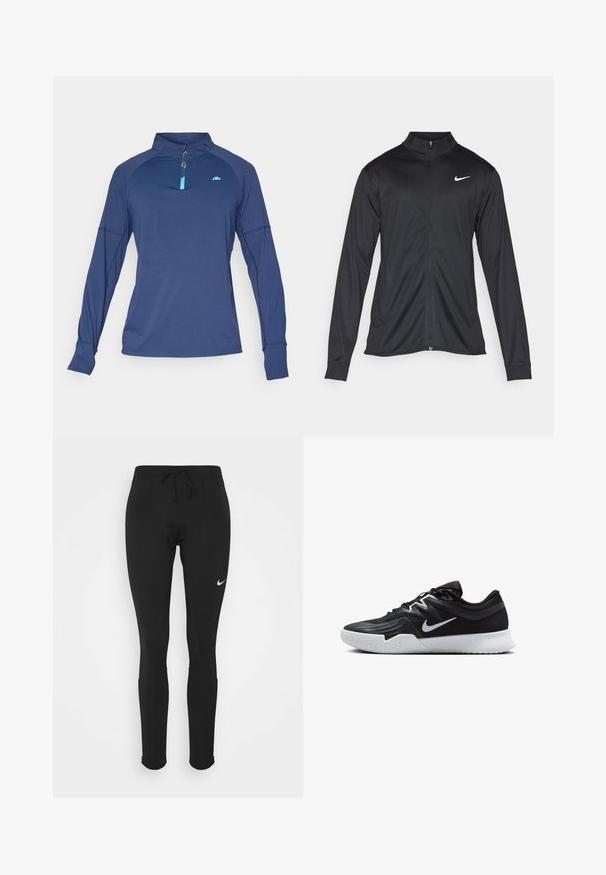 Juodas sportinis švarkas su ilgomis rankovėmis, apykakle ir pilnu užtrauktuku. Yra subtilus baltas Nike logotipas kairėje krūtinės pusėje. Lygus tekstūra.; Tamsiai mėlynos spalvos ilgomis rankovėmis sportinis viršus su pusiau užtrauktuku ant apykaklės, mėlynais akcentais, raglan rankovėmis ir lygiu, lengvu audiniu.; Juodos sportinės tamprės su raišteliu juosmenyje, pagamintos iš elastingos medžiagos, su mažuoju baltu Nike logo kairiajame šlaunyje.; Juodos sportinės bateliai su tekstūruota viršutine dalimi, balta Nike swoosh ir balta gumine išorine dalimi. Yra su raištelių užsegimo dizainu ir dinamine forma.