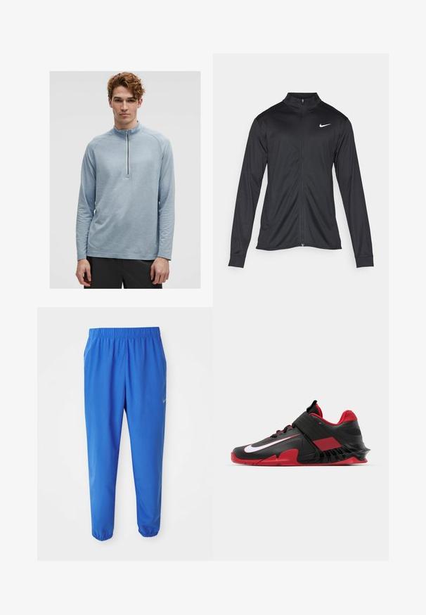 Melna sporta jaka ar garām piedurknēm, apkakli un pilnu rāvējslēdzēju. Uz kreisā krūts augšdaļas ir maigs Nike logo baltā krāsā. Gluda tekstūra.; Gaiši zilas garām piedurknēm zip-up krekls ar teksturētu rakstu, augstu apkakli un raglanu piedurknēm. Audums izskatās mīksts un elpojošs.; Zili zili svārki ar elastīgu jostasvietu, taisnas kāju dizainu un sašaurinātām piedurknēm. Ar Nike zīmolu zeltā kreisajā pusē.; Melnas un sarkanas sporta kedas ar elegantu dizainu, teksturētu sietu augšdaļu, izturīgu gumijas zoli un izteiksmīgu baltu logotipa akcentu.