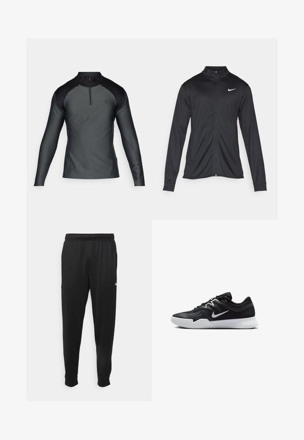 Schwarze Sportjacke mit langen Ärmeln, Kragen und voller Reißverschluss. Verfügt über ein dezentes Nike-Logo in Weiß auf der oberen linken Brust. Glatte Textur.; Langärmeliger, dunkelgrauer Sportpullover mit schwarzen Schultern und einem viertelzipper Kragen auf weißem Hintergrund.; Schwarze Sporthosen aus glattem Stoff, mit einem elastischen Bund, schmal zulaufenden Beinen und einem kleinen weißen Logo auf der linken Seite.; Schwarzer Sportschuh mit strukturiertem Obermaterial, weißem Nike-Warenzeichen und einer weißen Gummisohle. Verfügt über ein Schnürdesign und eine dynamische Form.