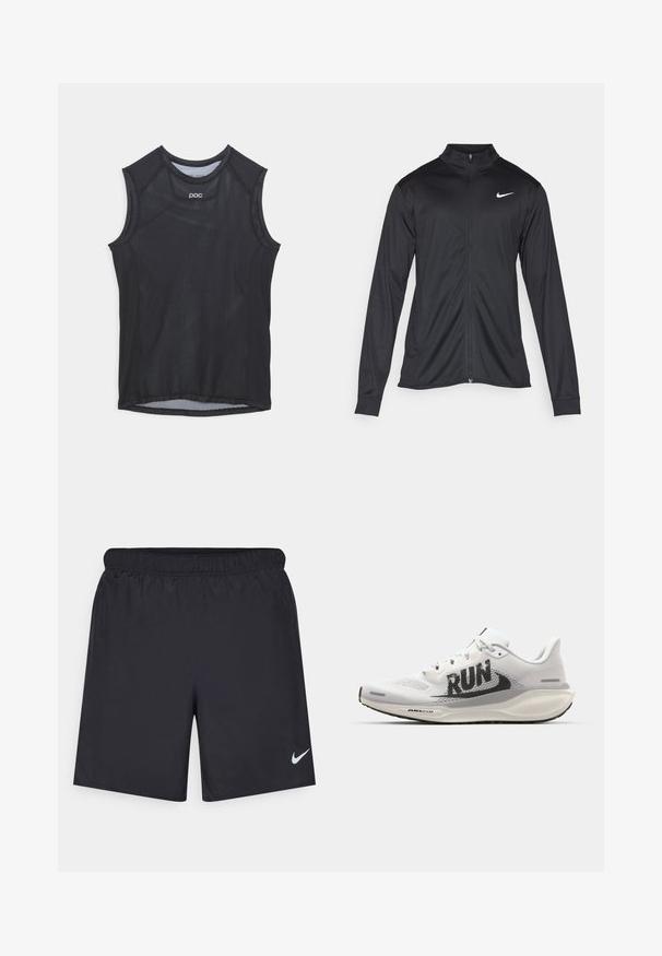 Juodas sportinis švarkas su ilgomis rankovėmis, apykakle ir pilnu užtrauktuku. Yra subtilus baltas Nike logotipas kairėje krūtinės pusėje. Lygus tekstūra.; Juoda be rankovių sportinė marškinėliai, pagaminti iš tinklinės medžiagos, su apvaliu kaklu ir sustiprintomis rankovėmis. Minimalistinis dizainas su subtiliu logotipu.; Juodos sportinės šortai, pagaminti iš lengvos medžiagos, su elastingu juosmeniu. Ant apatinės kairės pusės yra mažas baltas Nike logotipas.; Balti sportiniai bateliai su tinkleliu, dideliu juodu "RUN" spaudiniu, šviesiai pilkais akcentais ir paminkštintu padu su "AIR 200M" ženklu.