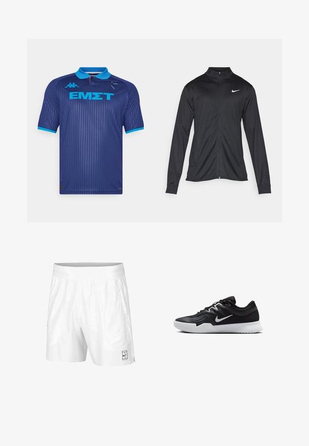 Černá sportovní bunda s dlouhými rukávy, límcem a plným zipem. Má decentní bílou logo značky Nike na horní levé části hrudi. Hladká textura.; Kappa Gara KOMBAT KALLITHEA - Fotbalový dres - blue twilight/blue/light orange tomato; Bílé sportovní šortky vyrobené z lehkého materiálu s elastickým pasem, mají dvě boční kapsy a malé černé logo na lemu.; Černá atletická bota s texturovaným svrškem, bílým logem Nike a bílou gumovou podrážkou. Disponuje šněrovacím designem a dynamickým tvarem.