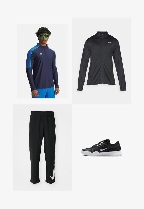 Giacca sportiva nera con maniche lunghe, colletto e zip completa. Presenta un logo Nike in bianco sulla parte superiore del lato sinistro del petto. Tessuto morbido.; Maglietta sportiva a maniche lunghe navy con colletto alto, caratterizzata da accenti blu sulle spalle e cuciture giallo fluorescente. Design aderente e traspirante.; Pantaloni sportivi neri con cintura elasticizzata, design affusolato, caratterizzati da un grande logo Nike bianco sulla gamba sinistra. Tessuto morbido e leggero.; Scarpa sportiva nera con tomaia testurizzata, logo Nike swoosh bianco e suola in gomma bianca. Presenta un design con lacci e una forma dinamica.