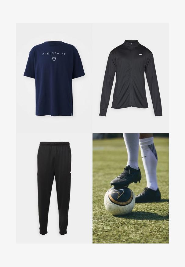 Black athletic jacket with long sleeves, collar, and full zipper. Features a subtle Nike logo in white on the upper left chest. Smooth texture.; Navy blue short-sleeve T-shirt with "CHELSEA FC" and Nike logo printed on the chest, displayed on a white background.; Black athletic pants made of smooth fabric, featuring an elastic waistband, tapered legs, and a small white logo on the left side.; Black soccer cleat on a white and black patterned soccer ball, resting on green grass. The cleat features textured material and laces.