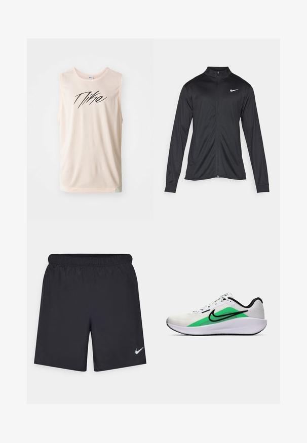 Black athletic jacket with long sleeves, collar, and full zipper. Features a subtle Nike logo in white on the upper left chest. Smooth texture.; Mesh tank top in light pink features a black Nike logo. Rounded neck, sleeveless, with a slightly curved hem and textured fabric.; Black athletic shorts made of lightweight material with an elastic waistband. Features a small white Nike logo on the lower left side.; White athletic shoe with a green accent, black logo, mesh upper, cushioned sole, and a rounded heel. Features laces and contrast detailing.