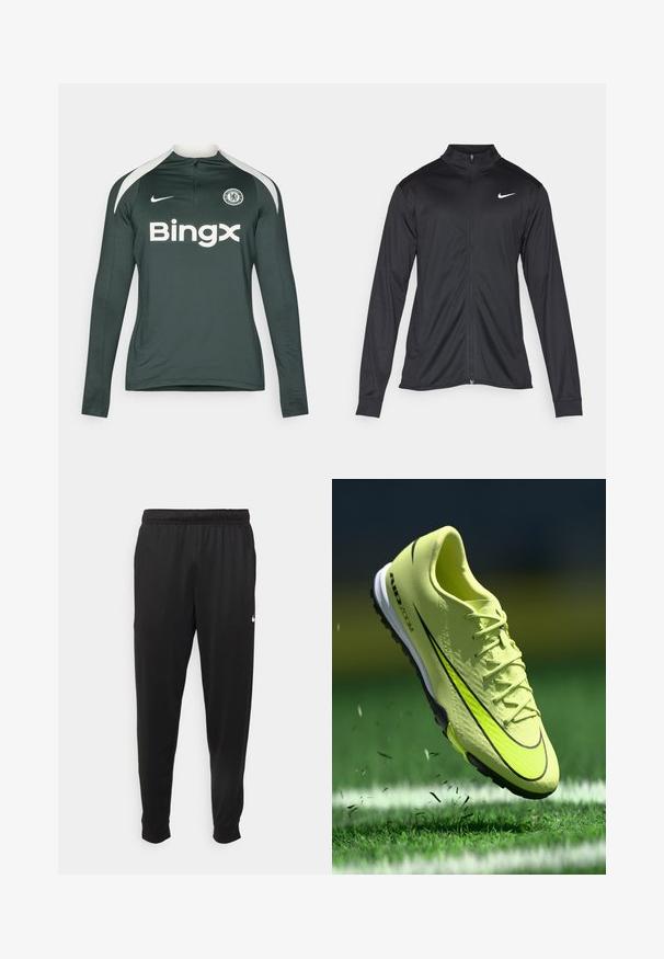 Must värvi sportlik jakk pikkade varrukatega, krae ja täispikk tõmblukk. Ülemises vasakus rinnas on diskreetne valge Nike logo. Sile tekstuur.; Tume rohelise pika varrukaga spordijersey valgete detailidega. Omab lukuga kaelaosa, meeskonna logo ning "Bingx" kaubamärki julgete valgete tähtedega.; Mustad mustekad athletic-püksid sujuvast kangast, elastse vöökoha, kitsenevate jalgade ja väikese valge logoga vasakul küljel.; Kirkas kollane Nike Air Zoom jalgpalliklitš, mis lööb rohtu üles rohelisel väljakul valgete joontega mängu ajal.