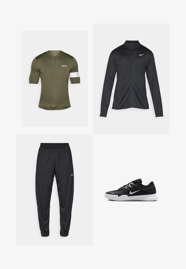 Jacket desportivo preto com mangas longas, colarinho e fecho zip completo. Apresenta um discreto logotipo da Nike em branco na parte superior do lado esquerdo do peito. Textura suave.; Camisa de ciclismo de manga curta em verde oliva, com um fecho à frente, detalhe branco nos ombros e o logótipo "Rapha" em branco no peito.; Calças de atletismo pretas com um cós elástico, pernas afuniladas e um pequeno logo branco da Nike na coxa esquerda. Tecido liso, sem padrões.; Sapatilha atlética preta com um cabedal texturizado, swoosh branco da Nike e uma sola de borracha branca. Apresenta um design com atacadores e uma forma dinâmica.