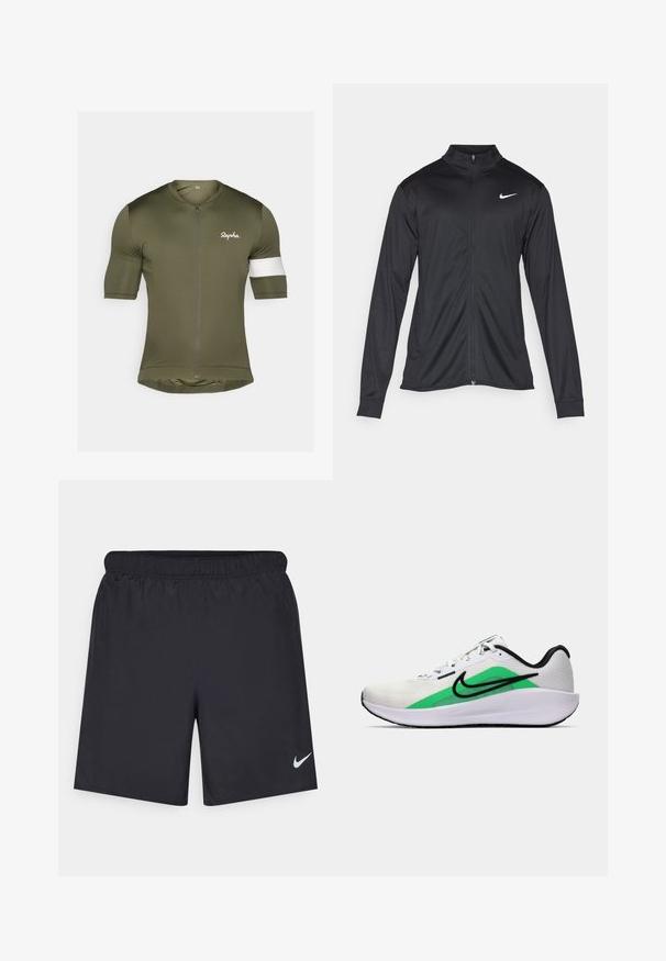 Juodas sportinis švarkas su ilgomis rankovėmis, apykakle ir pilnu užtrauktuku. Yra subtilus baltas Nike logotipas kairėje krūtinės pusėje. Lygus tekstūra.; Žalias alyvuogių spalvos trumpomis rankovėmis dviratininko maikė, su priekyje esančia užtrauktuku, balta petukų akcentu ir baltu "Rapha" logotipu krūtinėje.; Juodos sportinės šortai, pagaminti iš lengvos medžiagos, su elastingu juosmeniu. Ant apatinės kairės pusės yra mažas baltas Nike logotipas.; Balti sportiniai batai su žalia akcentu, juodu logotipu, tinklinė viršutinė dalis, paminkštintas padas ir suapvalintas kulnas. Yra raišteliai ir kontrastingos detalės.