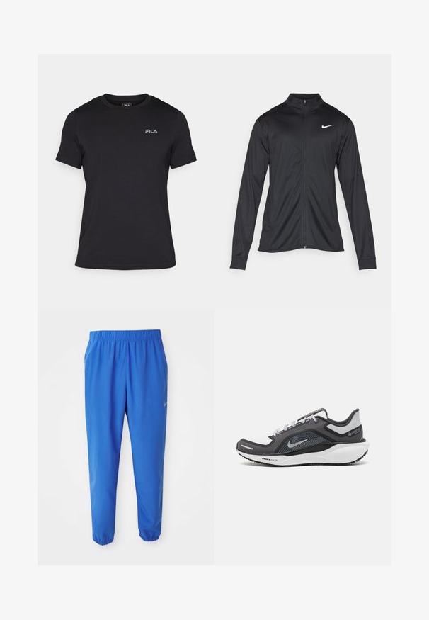 Melna sporta jaka ar garām piedurknēm, apkakli un pilnu rāvējslēdzēju. Uz kreisā krūts augšdaļas ir maigs Nike logo baltā krāsā. Gluda tekstūra.; Melna īsām piedurknēm T-kreklu, izgatavots no kokvilnas, ar ribota apkakli un nelielu pelēku FILA logo kreisajā krūtī.; Zili zili svārki ar elastīgu jostasvietu, taisnas kāju dizainu un sašaurinātām piedurknēm. Ar Nike zīmolu zeltā kreisajā pusē.; Melnas un pelēkas sporta kurpes ar tīklu augšdaļu, atstarojošiem akcentiem un baltu starpzoli. Aprīkotas ar teksturētu gumijas zoli un šņorēm.
