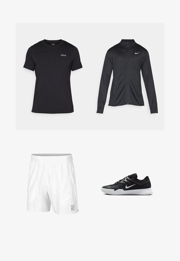 Must värvi sportlik jakk pikkade varrukatega, krae ja täispikk tõmblukk. Ülemises vasakus rinnas on diskreetne valge Nike logo. Sile tekstuur.; Must have must kätised T-särk, mis on valmistatud puuvillast, ribaga ümmarguse kaelusega ning millel on väike hall FILA logo vasakul rinnal.; Valged spordilühikesed püksid, mis on valmistatud kergest kangast, elastse vöökoha ja kahe küljetaskuga. Hemmi peal on väike must logo.; Must mustad jalanikesad rikaste ülaservaga, valge Nike swoosh'i ja valge kummist välispõhjaga. Omab paeltega sulgemisdetaili ja dünaamilist kuju.