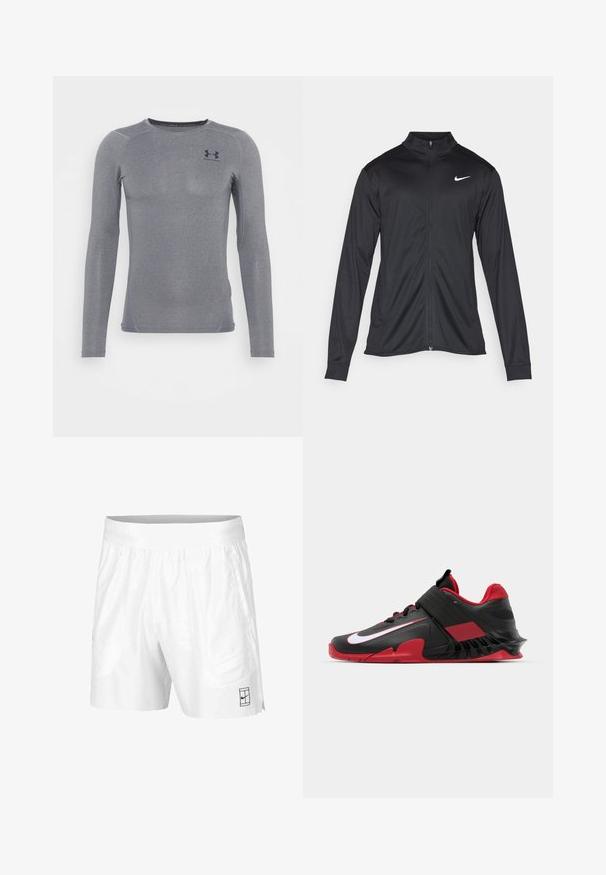 Crna sportska jakna s dugim rukavima, ovratnikom i punim patentnim zatvaračem. Ima suptilan Nike logo u bijeloj boji na gornjem lijevom dijelu prsne oznake. Glatka tekstura.; Dug mad kratkih rukava u tamnosivoj boji, izrađen od glatkog, rastezljivog materijala s suptilnim sjajem i ravnim šavovima; sadrži mali logotip na prsima.; Bijele atletske kratke hlače izrađene od lagane tkanine s elastičnim pojasom, koje imaju dva bočna džepa i mali crni logo na rubu.; Crne i crvene atletske tenisice s modernim dizajnom, teksturiranim mrežastim gornjištem, čvrstim gumeni potplat i istaknutim bijelim logotipom.
