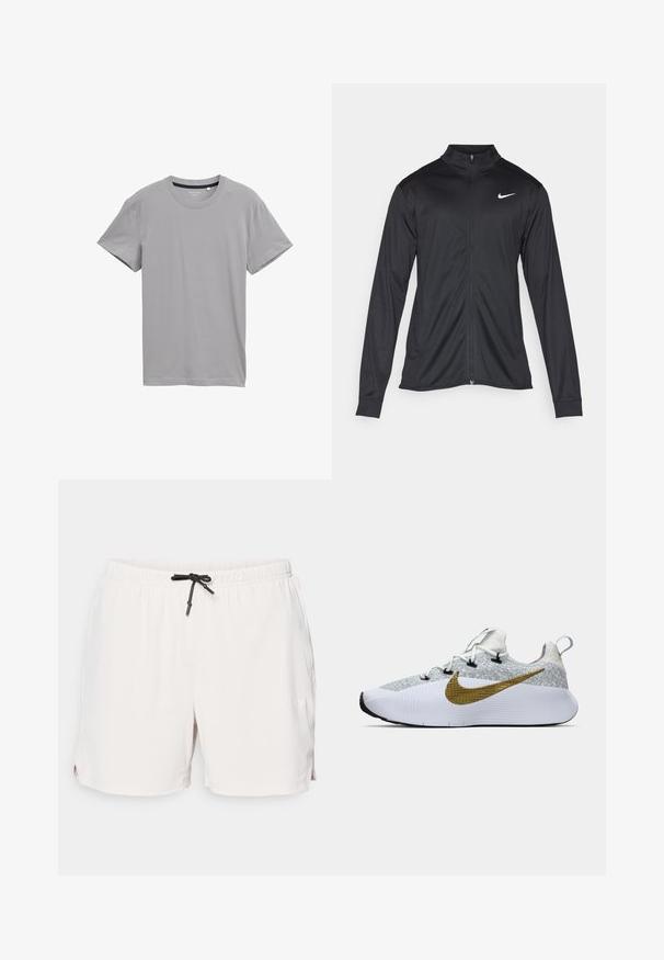 Jachetă sportivă neagră cu mâneci lungi, guler și fermoar complet. Prezintă un logo Nike subtil, alb, pe pieptul din stânga sus. Textură netedă.; Tricou gri cu mânecă scurtă, dintr-un material moale, având un decolteu clasic rotund și un tiv drept, fără modele sau embellishments.; Pantaloni scurți atletici de culoare bej deschis, dintr-un material texturat, cu talie elastică și detalii cu șnur negru. Include buzunare laterale cu deschidere.; Pantofii de sport albi și gri, cu o parte superioară texturată, un logo mare Nike de culoare aurie pe lateral, perforații negre, talpă albă și un mâner la călcâi.