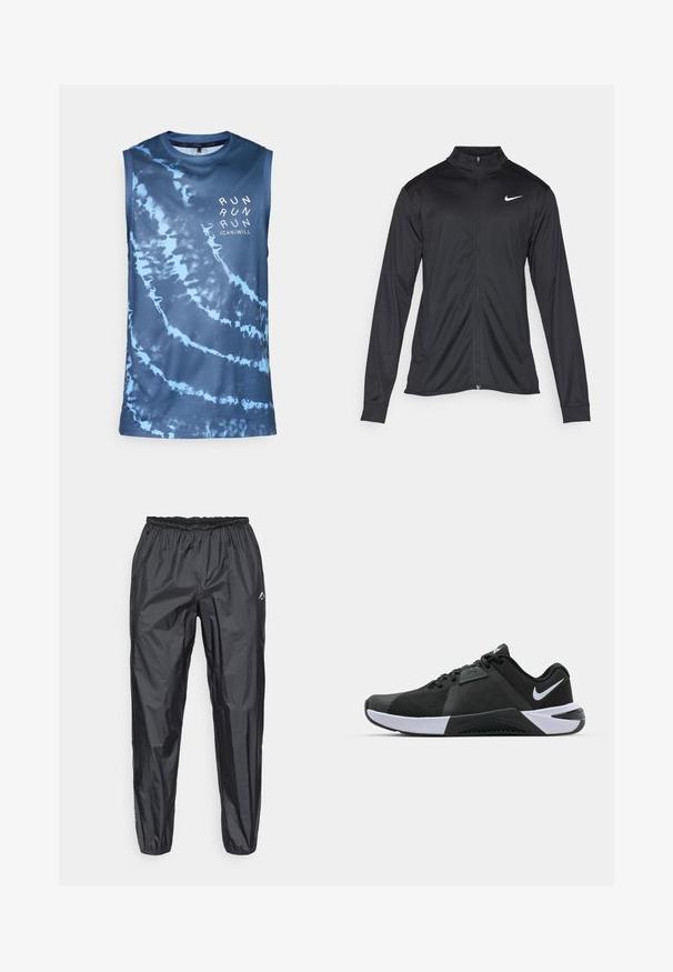 Črna atletska jakna z dolgimi rokavi, ovratnikom in polnim zadrgo. Vključuje diskreten bel Nike logotip na zgornjem levem delu prsnega koša. Gladka tekstura.; Marlja brez rokavov za šport, modri tie-dye vzorec, lahkoten mrežast material, okrogli ovratnik, na sprednji strani ima napis "RUN" v beli barvi.; Moške črne vodoodporne dežne hlače, izdelane iz lahkega sintetičnega materiala, z elastiko v pasu in ozkim krojem nog.; Nike Performance METCON 10 - Trening copati - black/white/anthracite