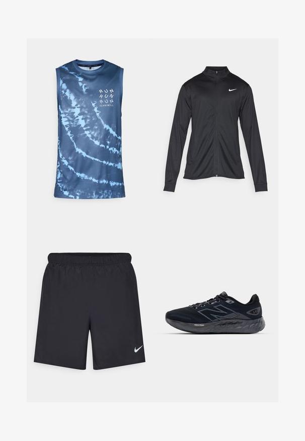 Čierna športová bunda s dlhými rukávmi, golierom a plným zipsom. Obsahuje nenápadné logo Nike v bielej farbe na hornej ľavej hrudi. Hladká textúra.; Športová bezrukávová košeľa, modrý batikovaný vzor, ľahká sieťovina, okrúhly výstrih, na prednej strane s textom "RUN" v bielej farbe.; Čierne atletické šortky z ľahkého materiálu s elastickým pásom. Na dolnej ľavej strane majú malé biele logo Nike.; Pánske bežecké topánky v čiernej sieťovine s hrubou šedou podrážkou, so zaoblenou textúrou a reflexnými detailmi. Obsahujú logo "New Balance" na boku.