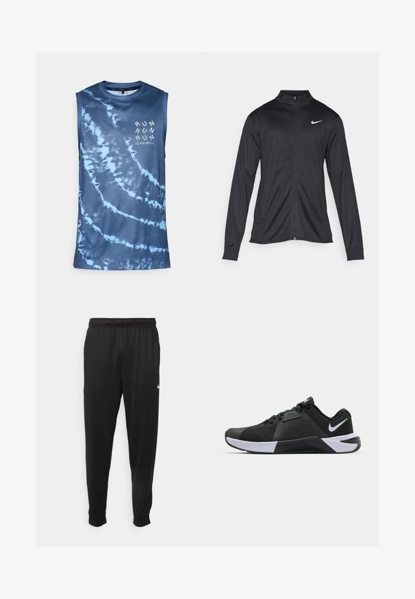 Jacket desportivo preto com mangas longas, colarinho e fecho zip completo. Apresenta um discreto logotipo da Nike em branco na parte superior do lado esquerdo do peito. Textura suave.; Camisola atlética sem mangas, padrão tie-dye azul, tecido de rede leve, decote redondo, apresenta o texto "RUN" em branco na parte da frente.; Calças de desporto pretas feitas de tecido suave, com uma cintura elástica, pernas ajustadas e um pequeno logo branco no lado esquerdo.; Nike Performance METCON 10 - Sapatilha de treino - black/white/anthracite